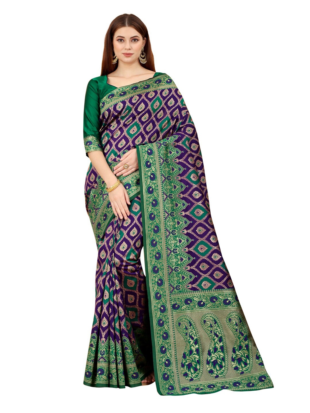 

MOKSHA DESIGNS Purple & Green Woven Design Zari Pure Silk Banarasi Saree