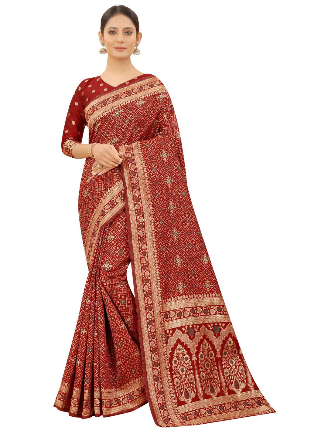 

MOKSHA DESIGNS Red & Gold-Toned Ethnic Motifs Zari Pure Silk Banarasi Saree