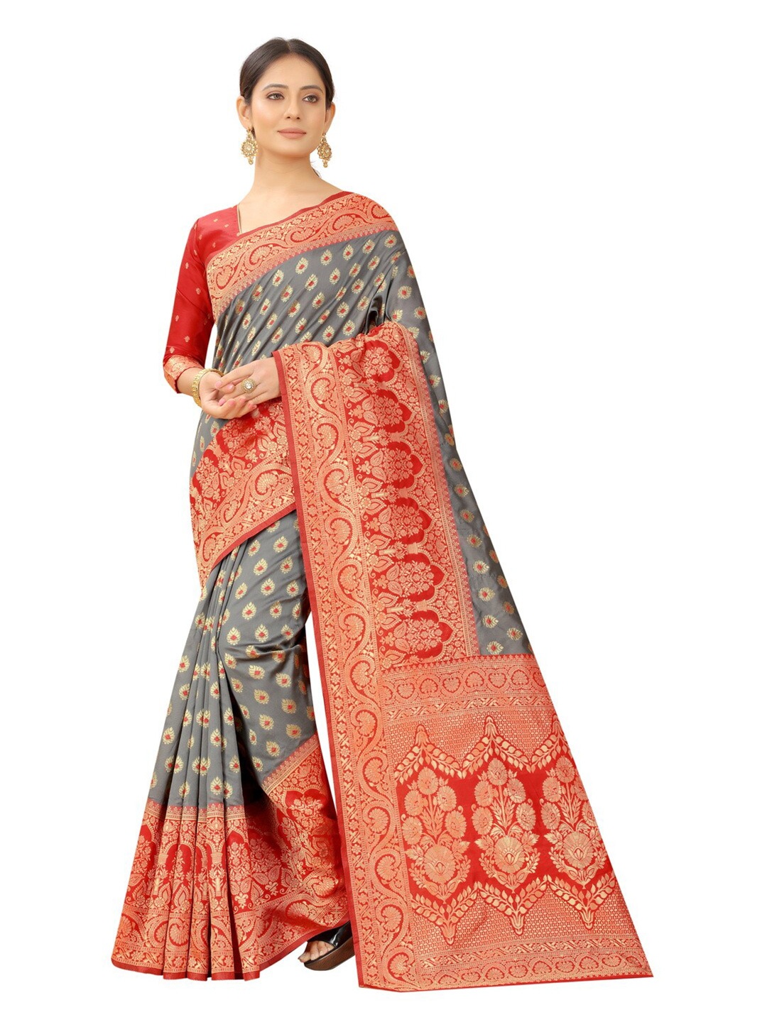 

MOKSHA DESIGNS Grey Melange & Red Woven Design Zari Pure Silk Banarasi Saree