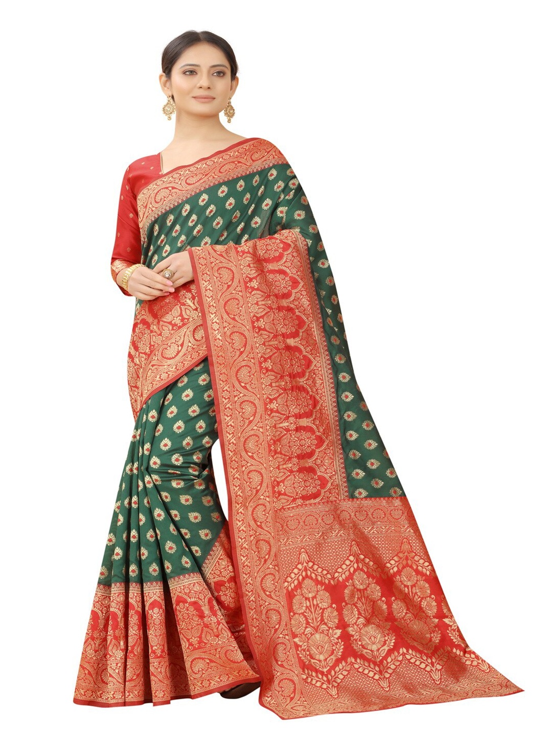

MOKSHA DESIGNS Green & Red Ethnic Motifs Zari Pure Silk Banarasi Saree