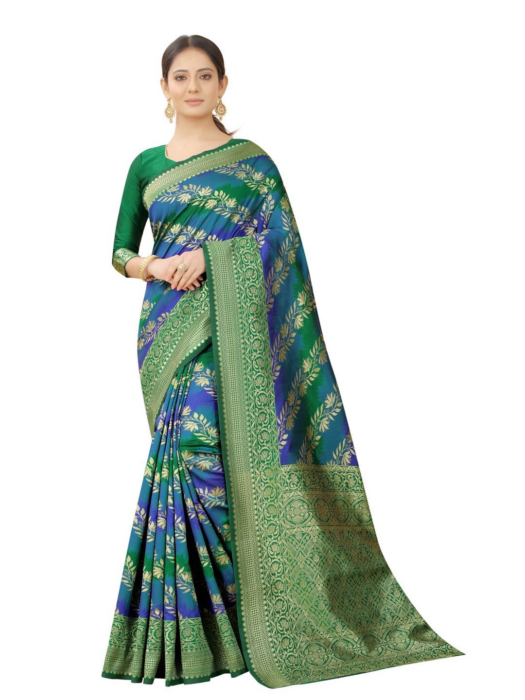 

MOKSHA DESIGNS Green & Blue Floral Zari Pure Silk Banarasi Saree