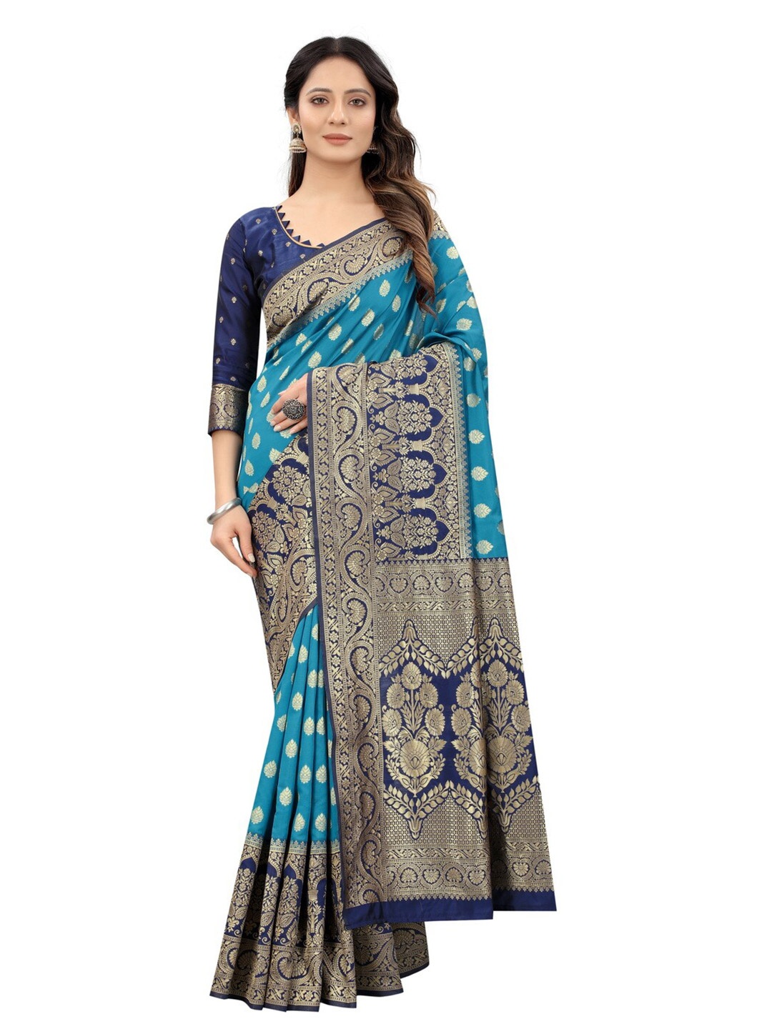 

MOKSHA DESIGNS Navy Blue & Blue Woven Design Zari Pure Silk Banarasi Saree