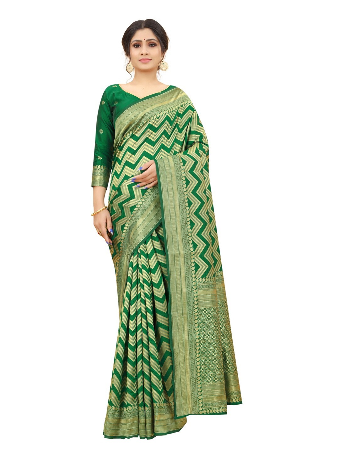 

MOKSHA DESIGNS Green & Gold-Toned Woven Design Zari Pure Silk Banarasi Saree