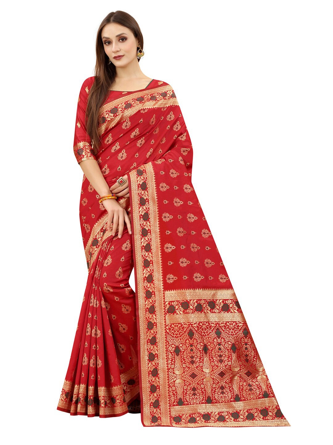 

MOKSHA DESIGNS Red & Green Woven Design Zari Pure Silk Banarasi Saree