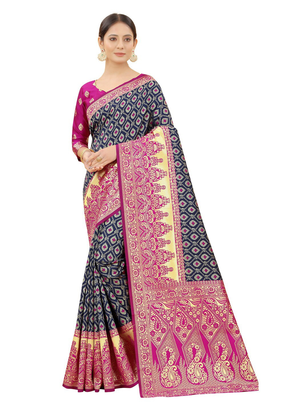

MOKSHA DESIGNS Women Navy Blue & Pink Floral Zari Pure Silk Banarasi Saree