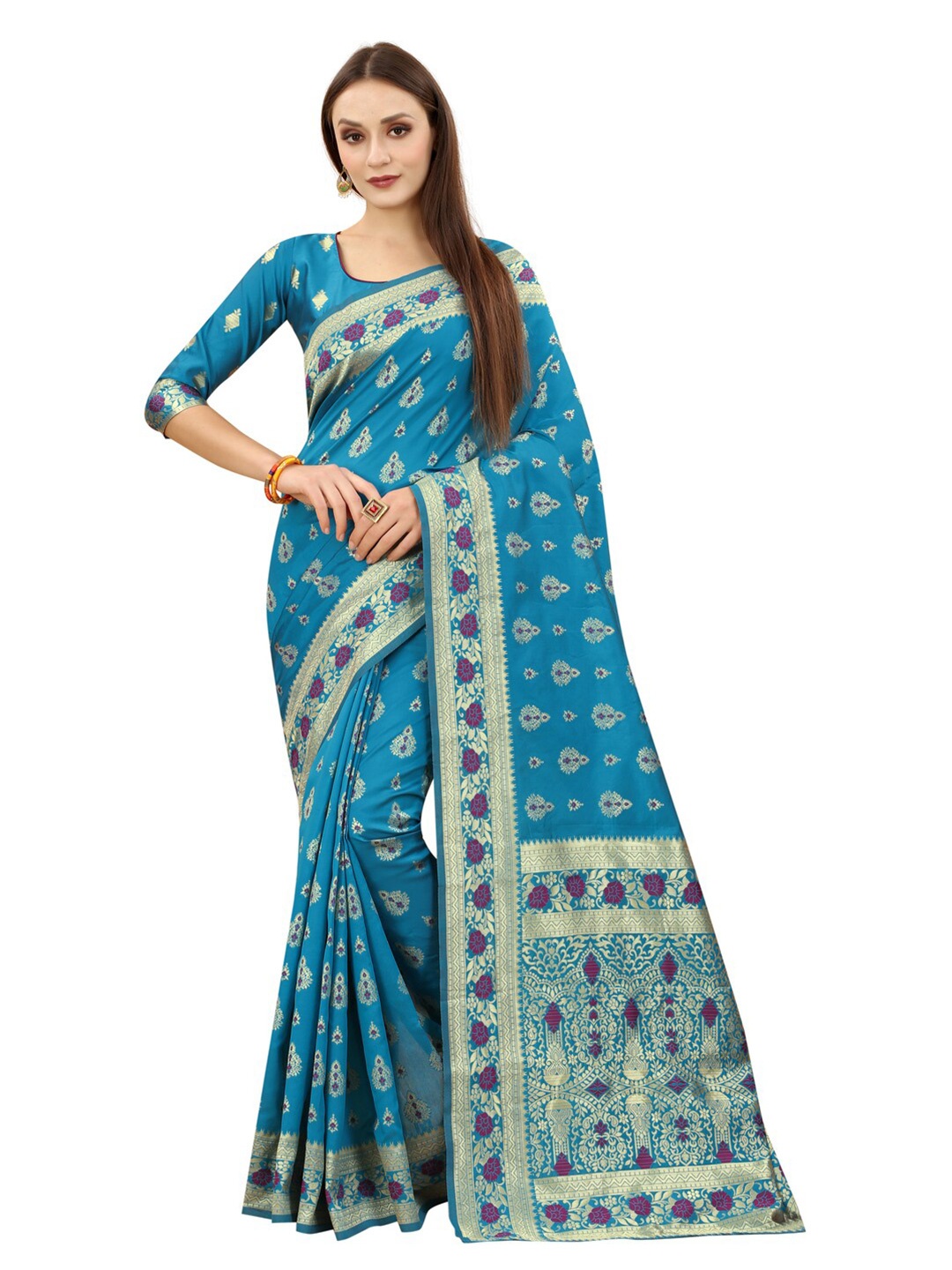 

MOKSHA DESIGNS Blue & Pink Ethnic Motifs Zari Pure Silk Banarasi Saree