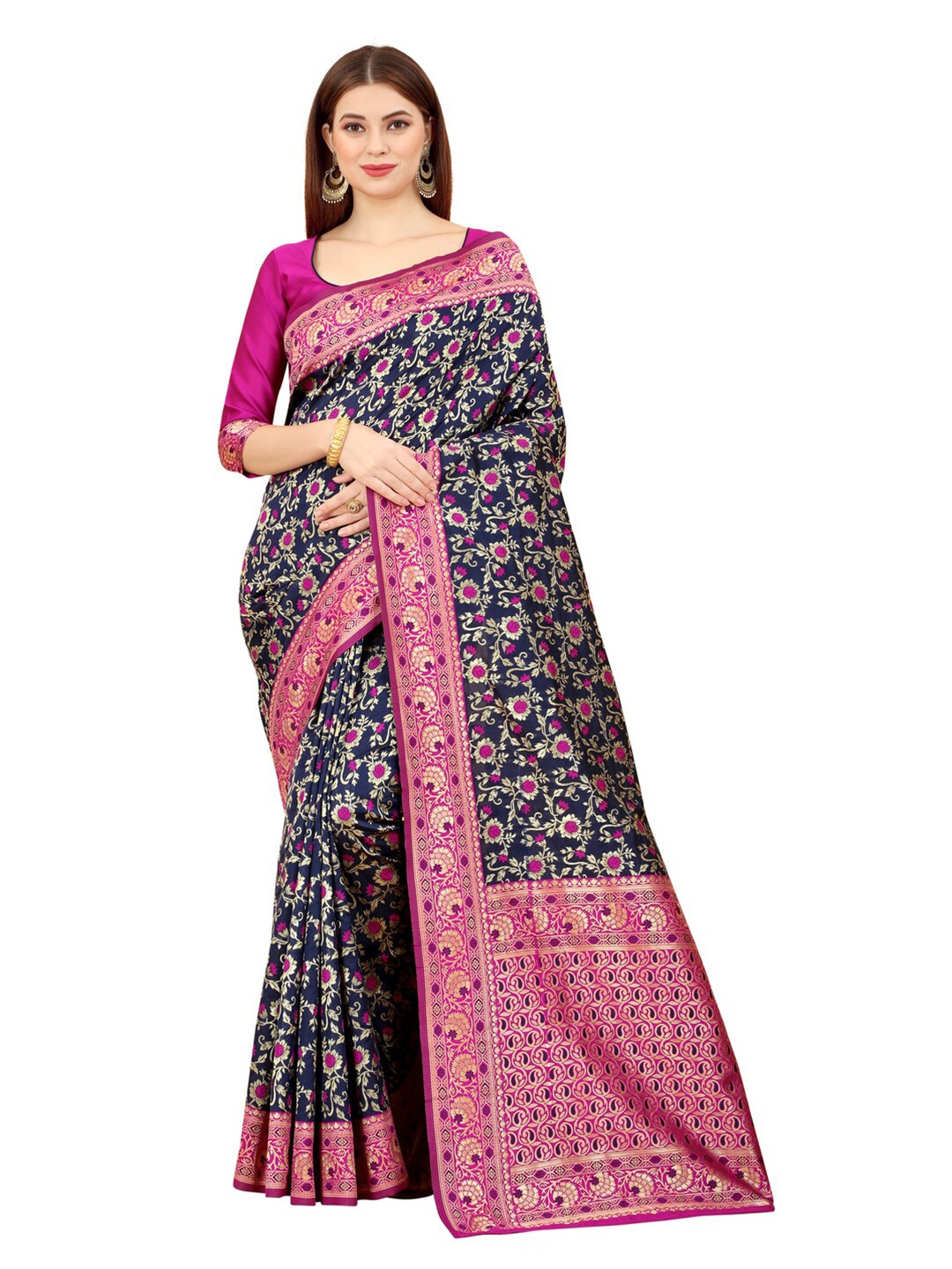 

MOKSHA DESIGNS Navy Blue & Pink Woven Design Zari Pure Silk Banarasi Saree