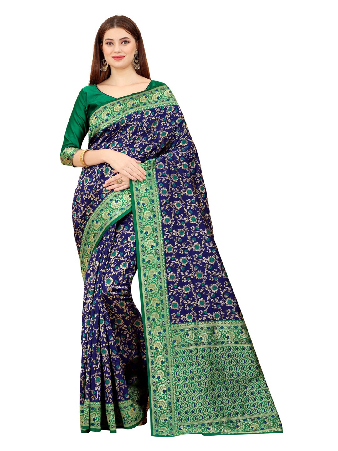 

MOKSHA DESIGNS Blue And Green Floral Woven Design Zari Pure Silk Banarasi Saree