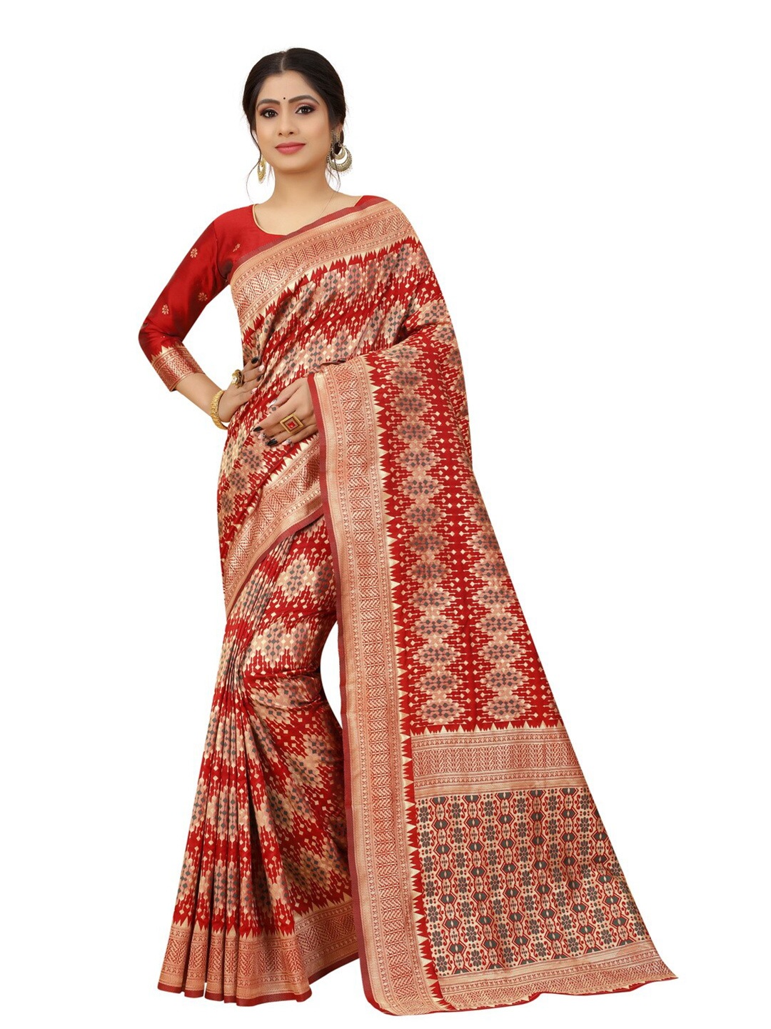 

MOKSHA DESIGNS Red & Gold-Toned Woven Design Zari Pure Silk Banarasi Saree