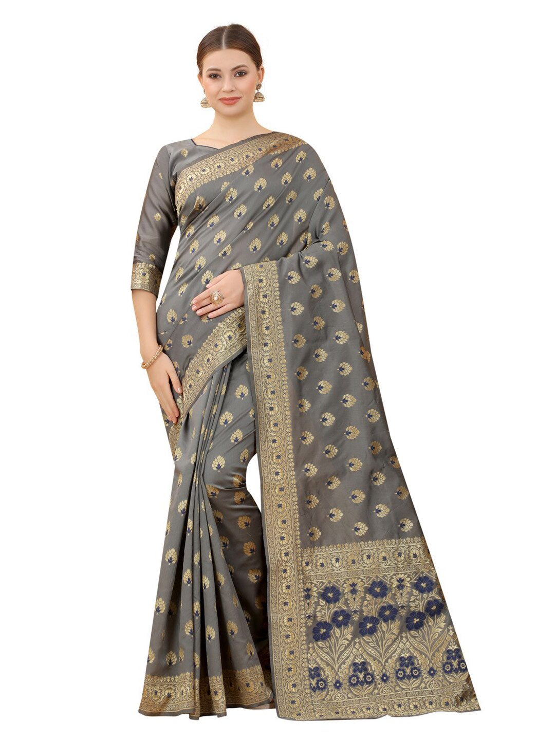 

MOKSHA DESIGNS Grey & Blue Woven Design Zari Pure Silk Banarasi Saree