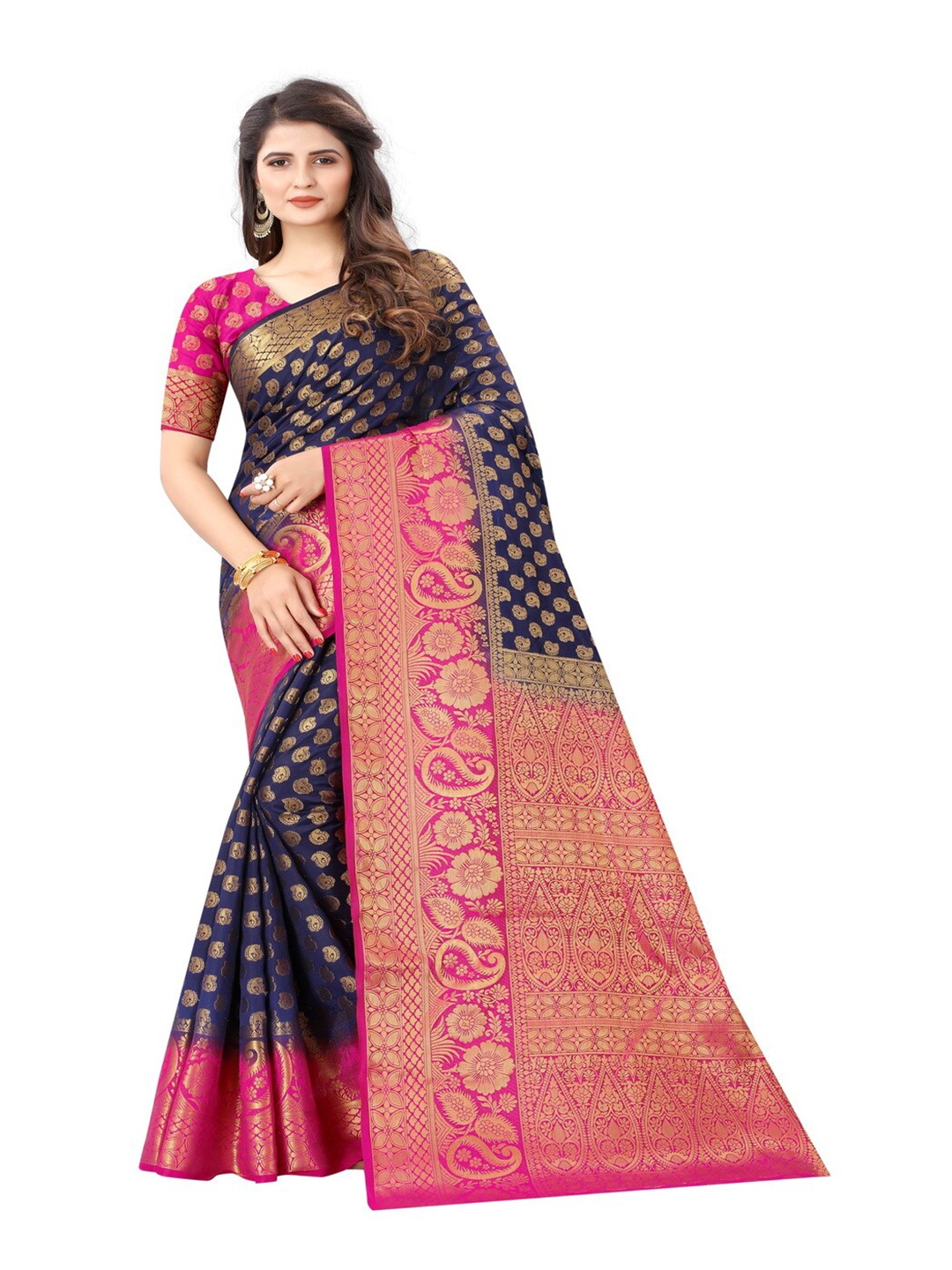 

MOKSHA DESIGNS Navy Blue & Pink Woven Design Zari Pure Silk Banarasi Saree