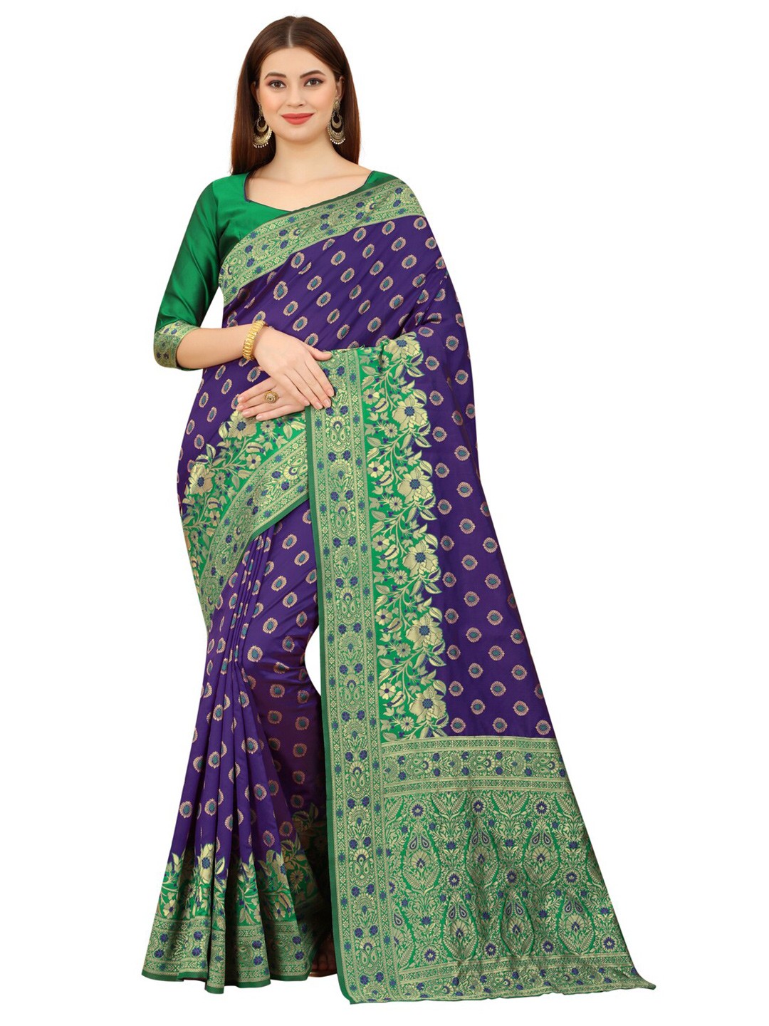 

MOKSHA DESIGNS Blue & Green Ethnic Motifs Zari Pure Silk Banarasi Saree