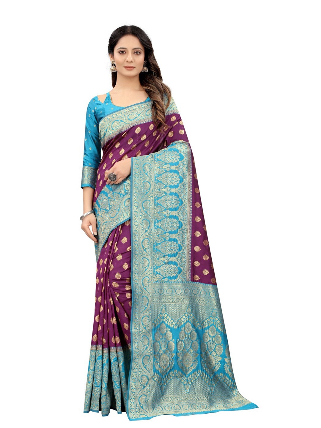 

MOKSHA DESIGNS Burgundy & Turquoise Blue Ethnic Motifs Zari Pure Silk Banarasi Saree