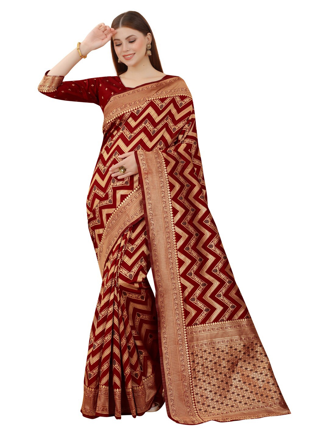 

MOKSHA DESIGNS Maroon & Gold-Toned Woven Design Zari Pure Silk Banarasi Saree