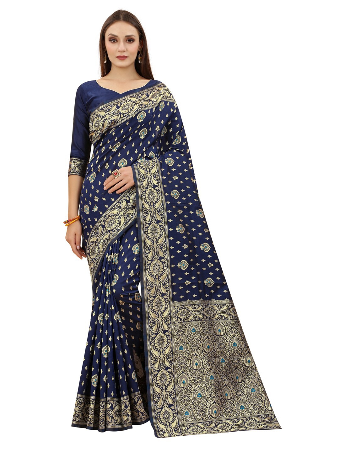 

MOKSHA DESIGNS Women Navy Blue & Gold-Toned Woven Design Zari Pure Silk Banarasi Saree