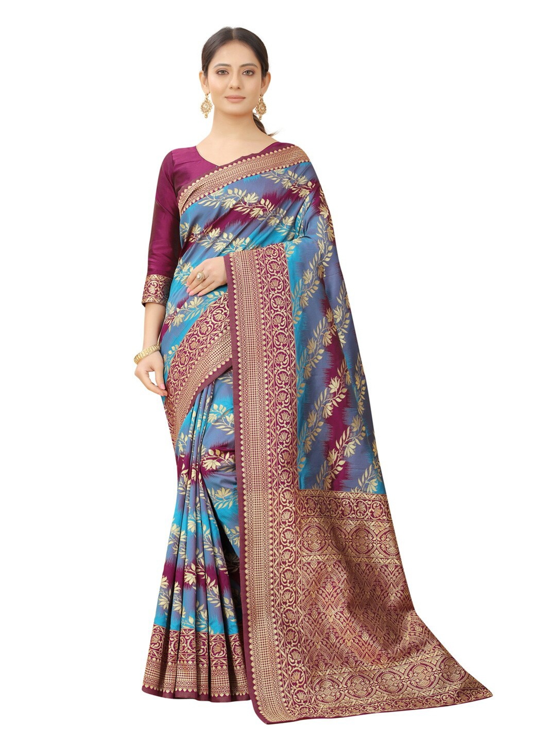 

MOKSHA DESIGNS Burgundy & Blue Woven Design Zari Pure Silk Banarasi Saree