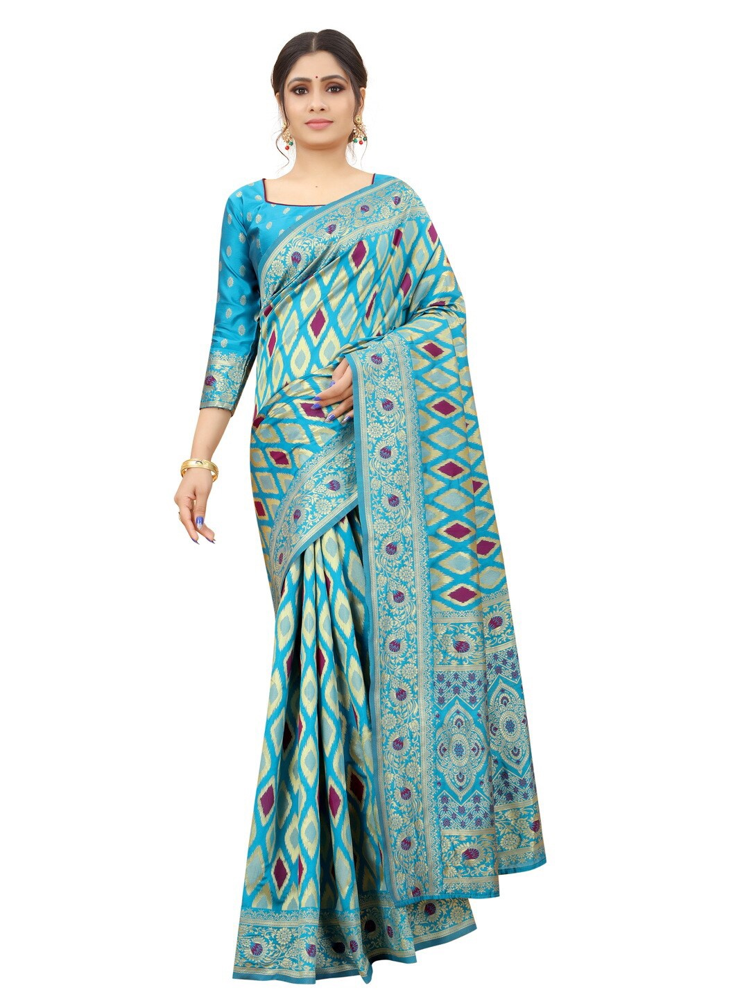 

MOKSHA DESIGNS Blue & Gold-Toned Zari Pure Silk Banarasi Saree