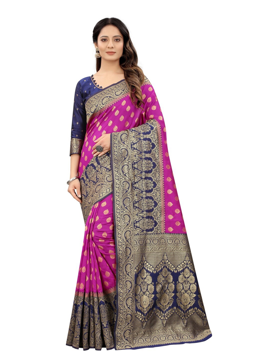 

MOKSHA DESIGNS Pink & Navy Blue Woven Design Zari Pure Silk Banarasi Saree