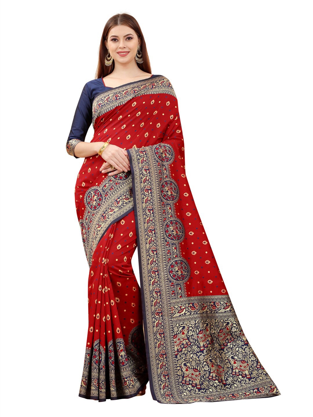 

MOKSHA DESIGNS Red & Navy Blue Woven Design Zari Pure Silk Banarasi Saree