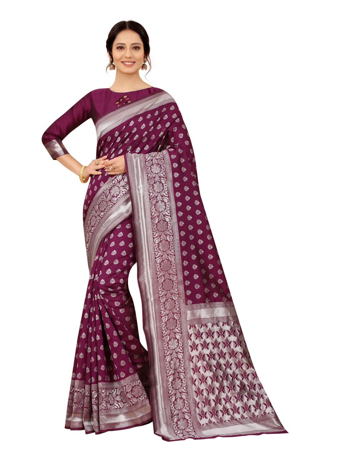 

MOKSHA DESIGNS Women Burgundy & Silver-Toned Woven Design Zari Pure Silk Banarasi Saree