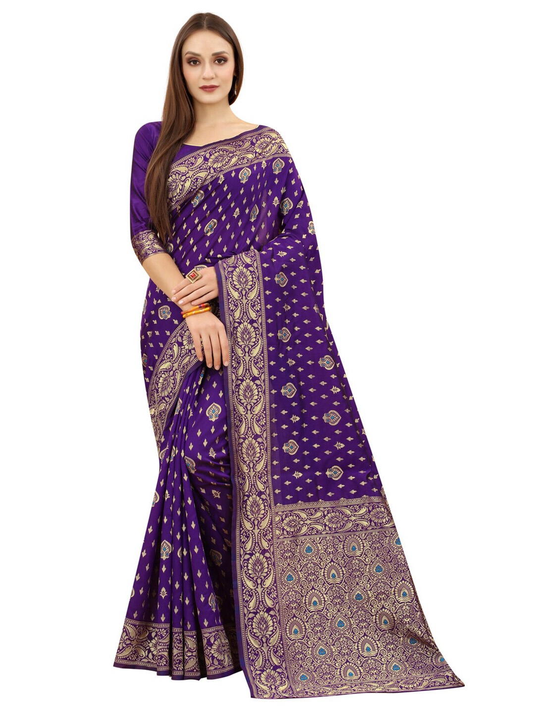 

MOKSHA DESIGNS Violet & Gold-Toned Woven Design Zari Pure Silk Banarasi Saree