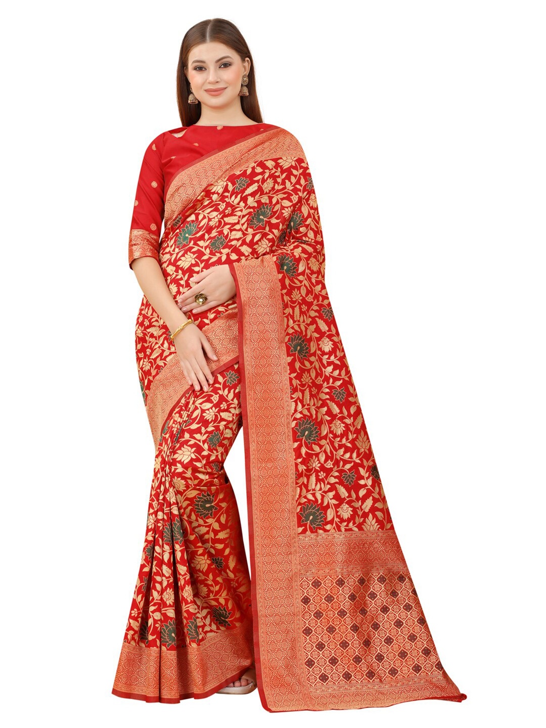 

MOKSHA DESIGNS Red & Green Floral Zari Pure Silk Banarasi Saree