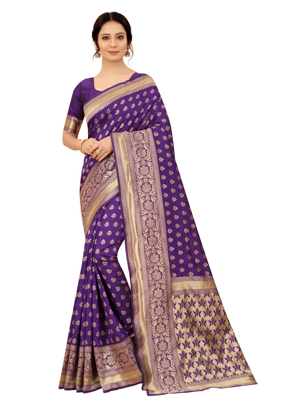 

MOKSHA DESIGNS Purple & Gold-Toned Floral Zari Pure Silk Banarasi Saree