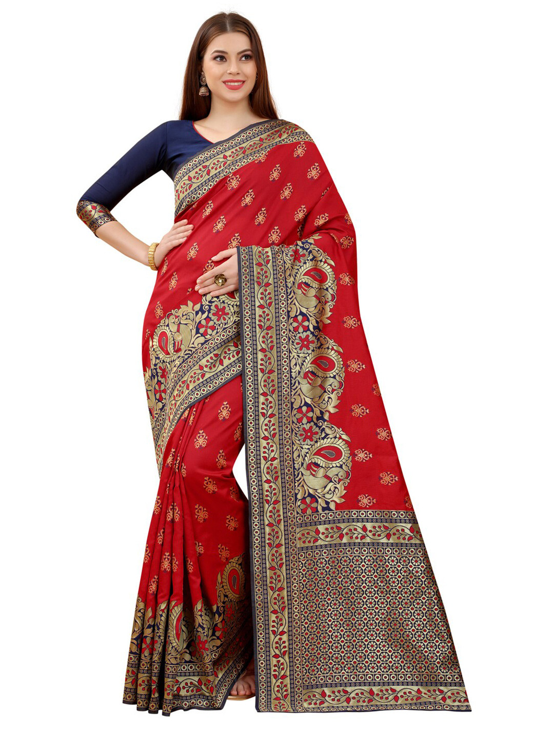 

MOKSHA DESIGNS Red & Navy Blue Woven Design Zari Pure Silk Banarasi Saree