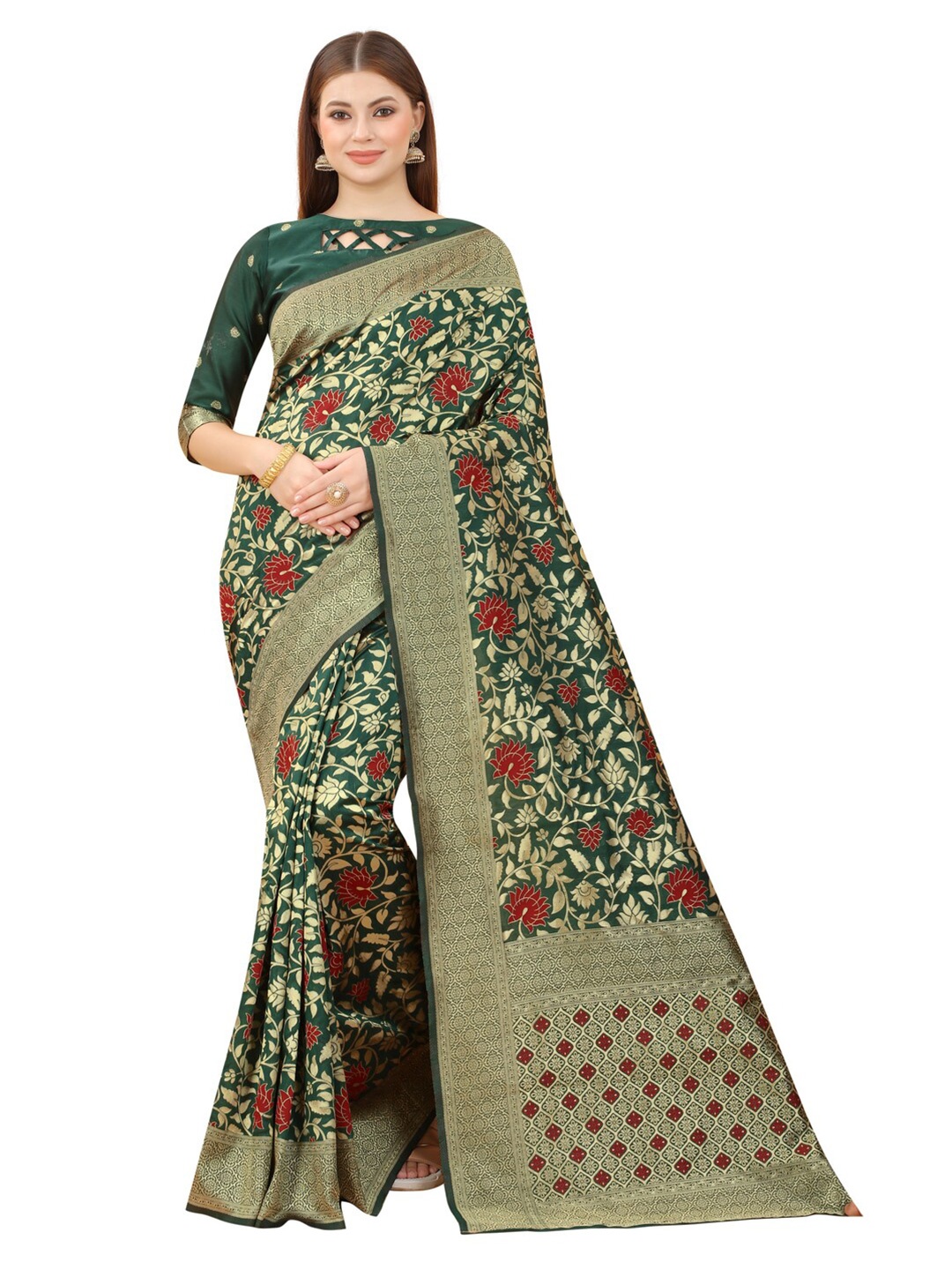 

MOKSHA DESIGNS Green & Red Woven Design Zari Pure Silk Banarasi Saree