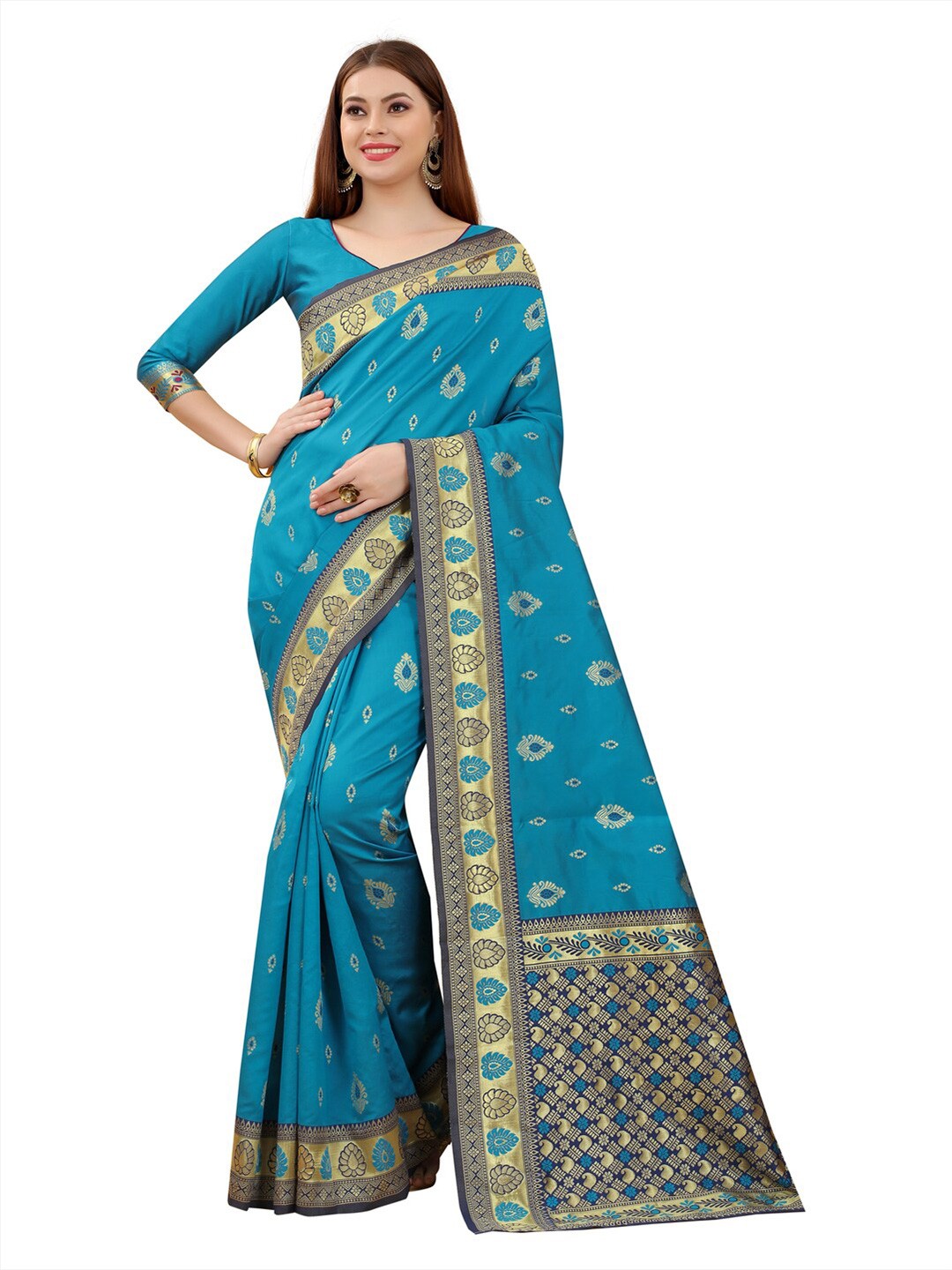 

MOKSHA DESIGNS Turquoise Blue & Gold-Toned Woven Design Zari Pure Silk Banarasi Saree