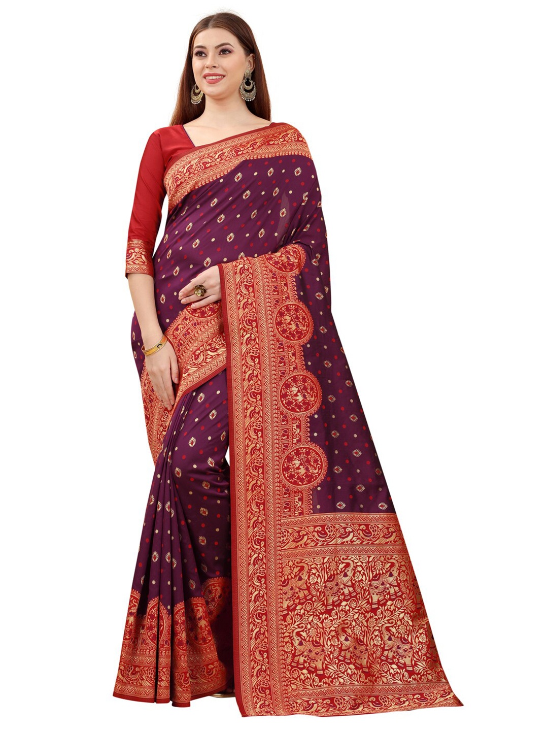 

MOKSHA DESIGNS Burgundy & Red Woven Design Zari Pure Silk Banarasi Saree