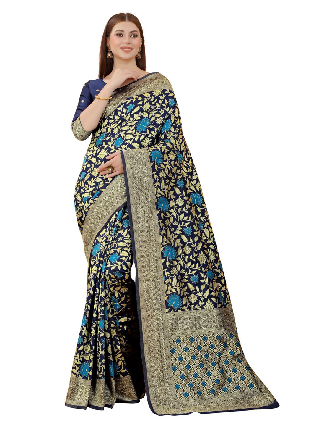 

MOKSHA DESIGNS Navy Blue & Gold-Toned Woven Design Zari Pure Silk Banarasi Saree