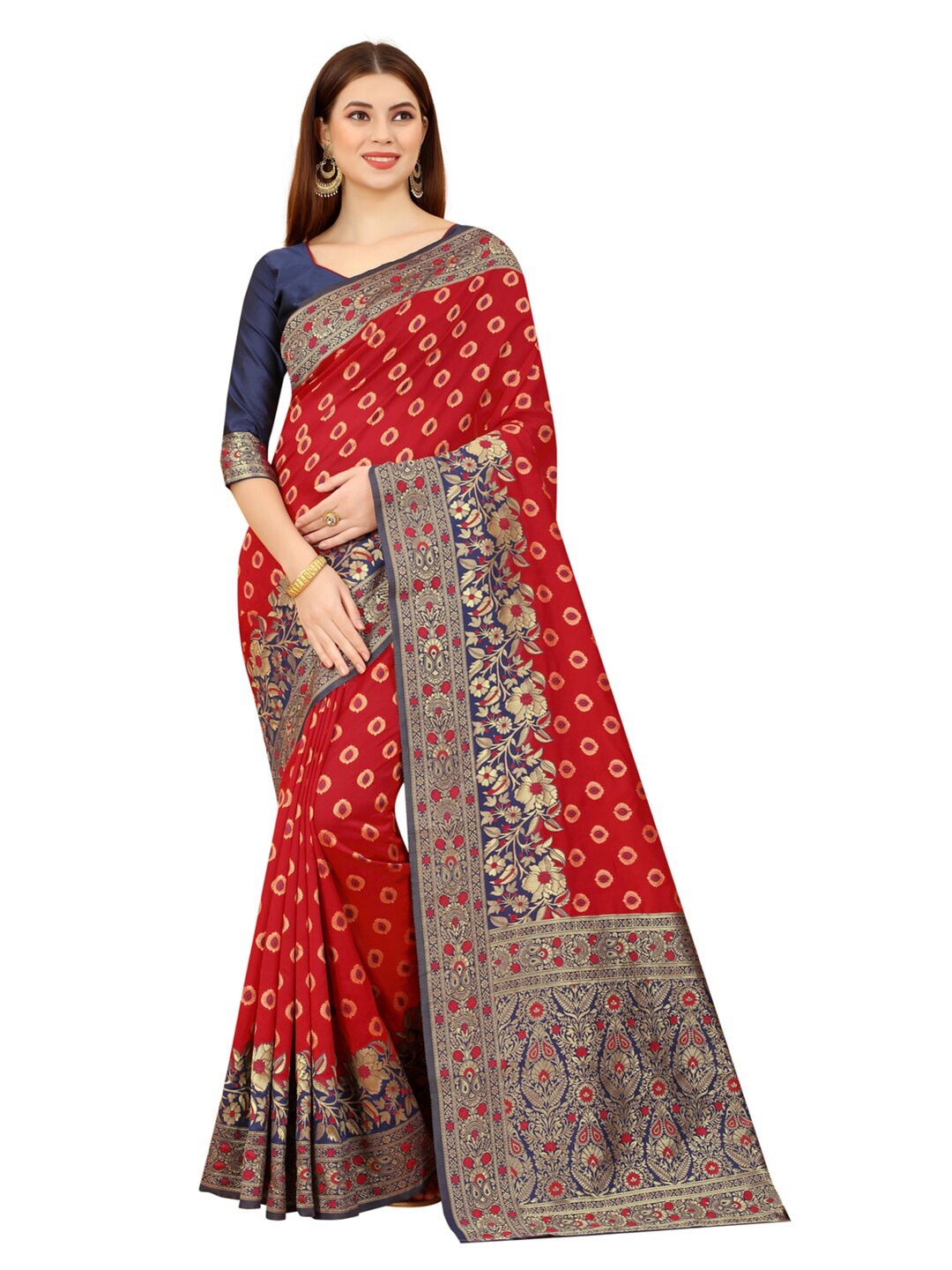 

MOKSHA DESIGNS Red & Navy Blue Woven Design Zari Pure Silk Banarasi Saree