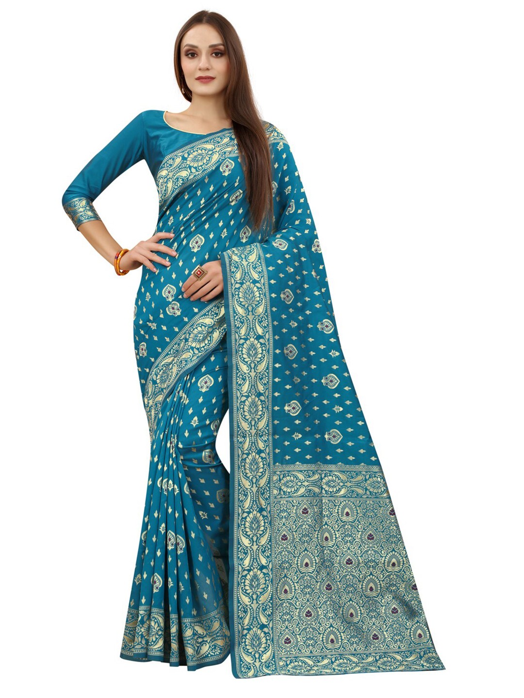 

MOKSHA DESIGNS Turquoise Blue & Gold-Toned Woven Design Zari Pure Silk Banarasi Saree