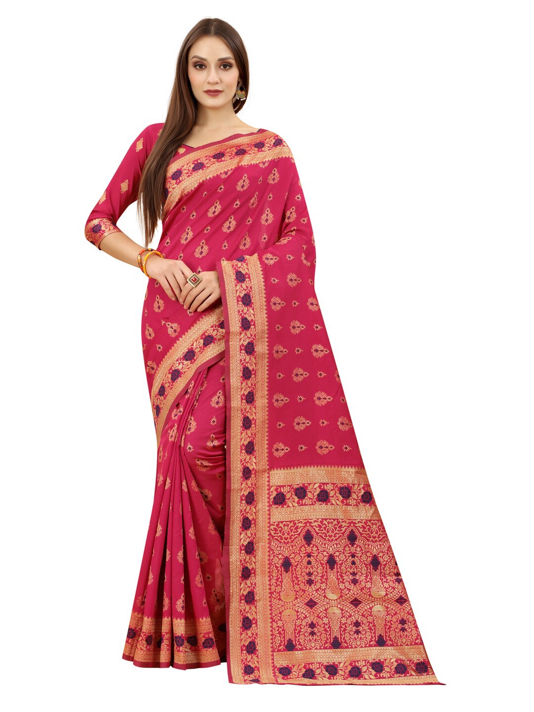 

MOKSHA DESIGNS Pink & Navy Blue Ethnic Motifs Zari Pure Silk Banarasi Saree