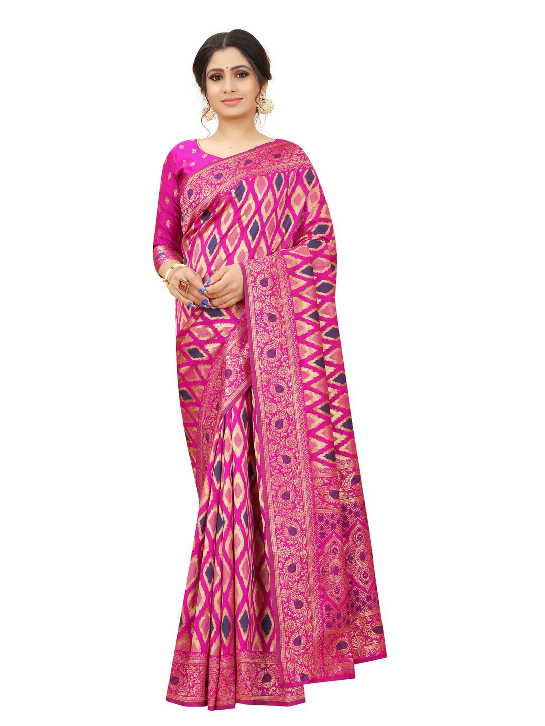 

MOKSHA DESIGNS Pink & Blue Zari Pure Silk Banarasi Saree