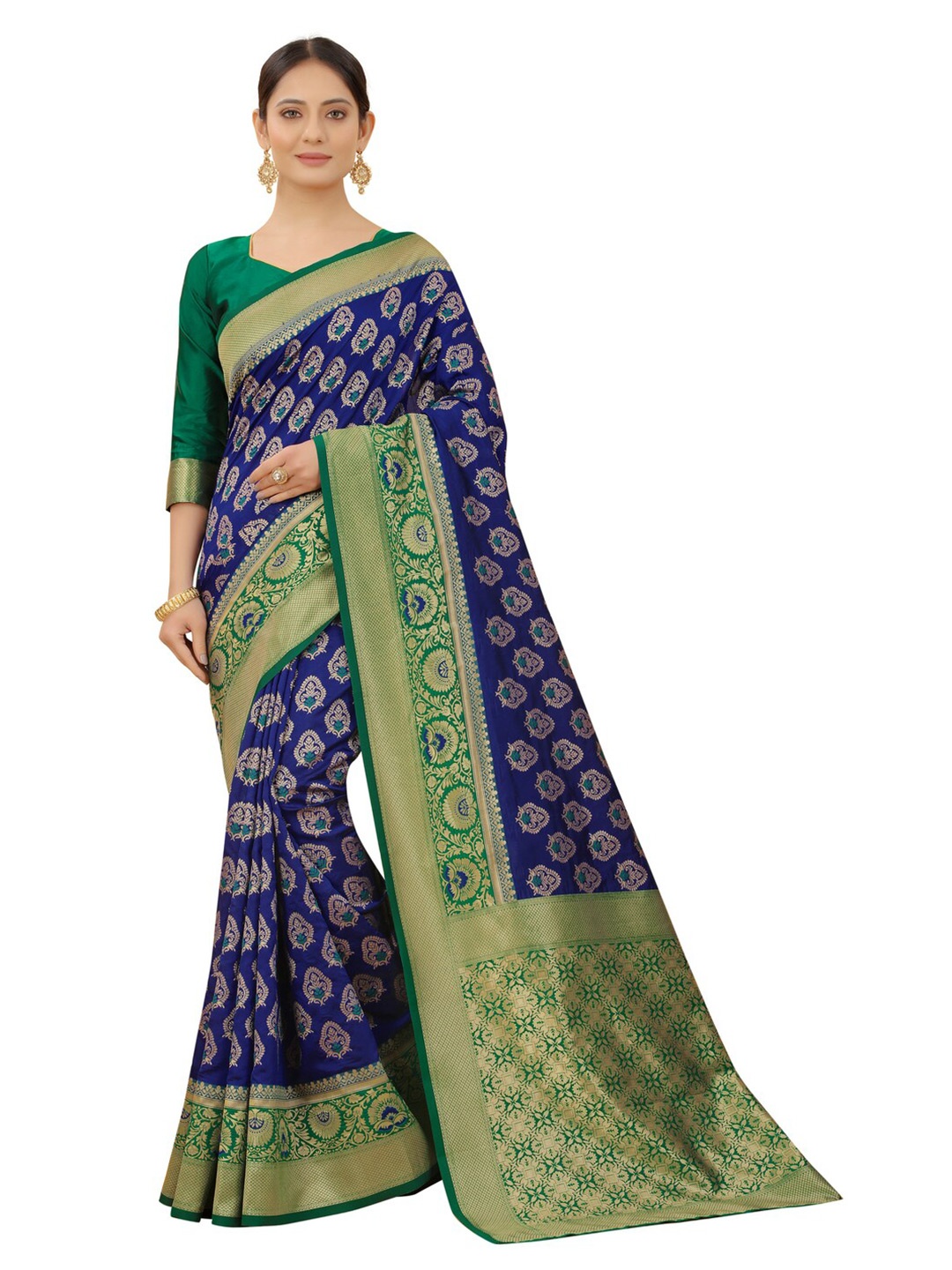 

MOKSHA DESIGNS Blue & Green Woven Design Zari Pure Silk Banarasi Saree
