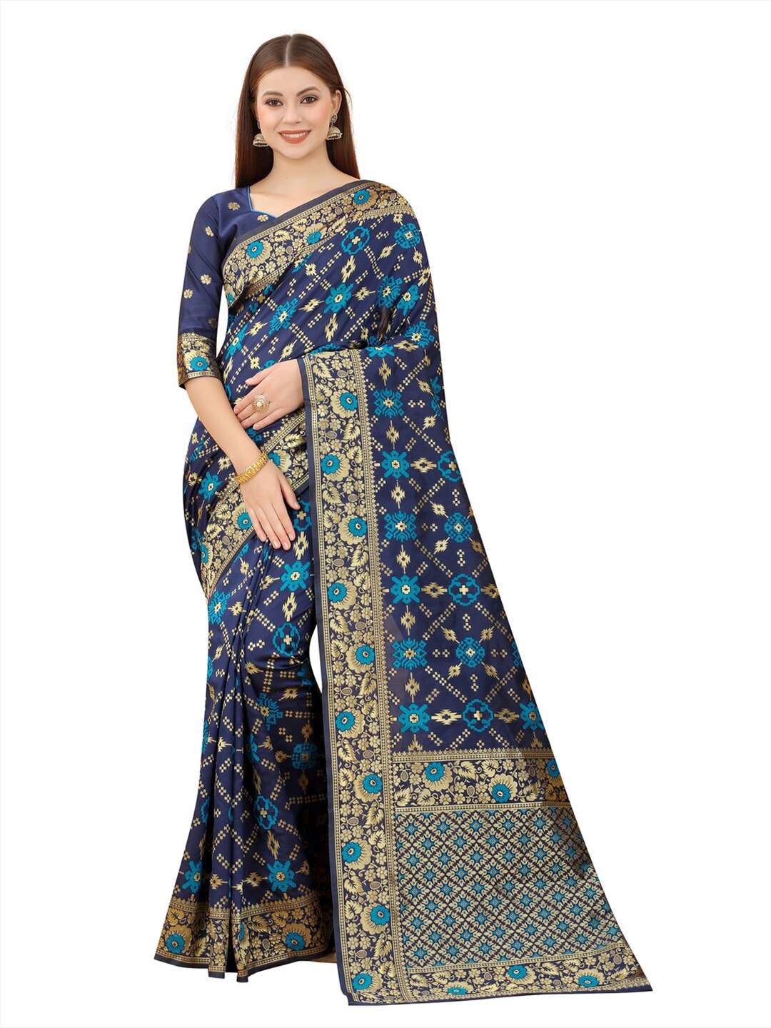 

MOKSHA DESIGNS Navy Blue & Gold-Toned Zari Pure Silk Banarasi Saree