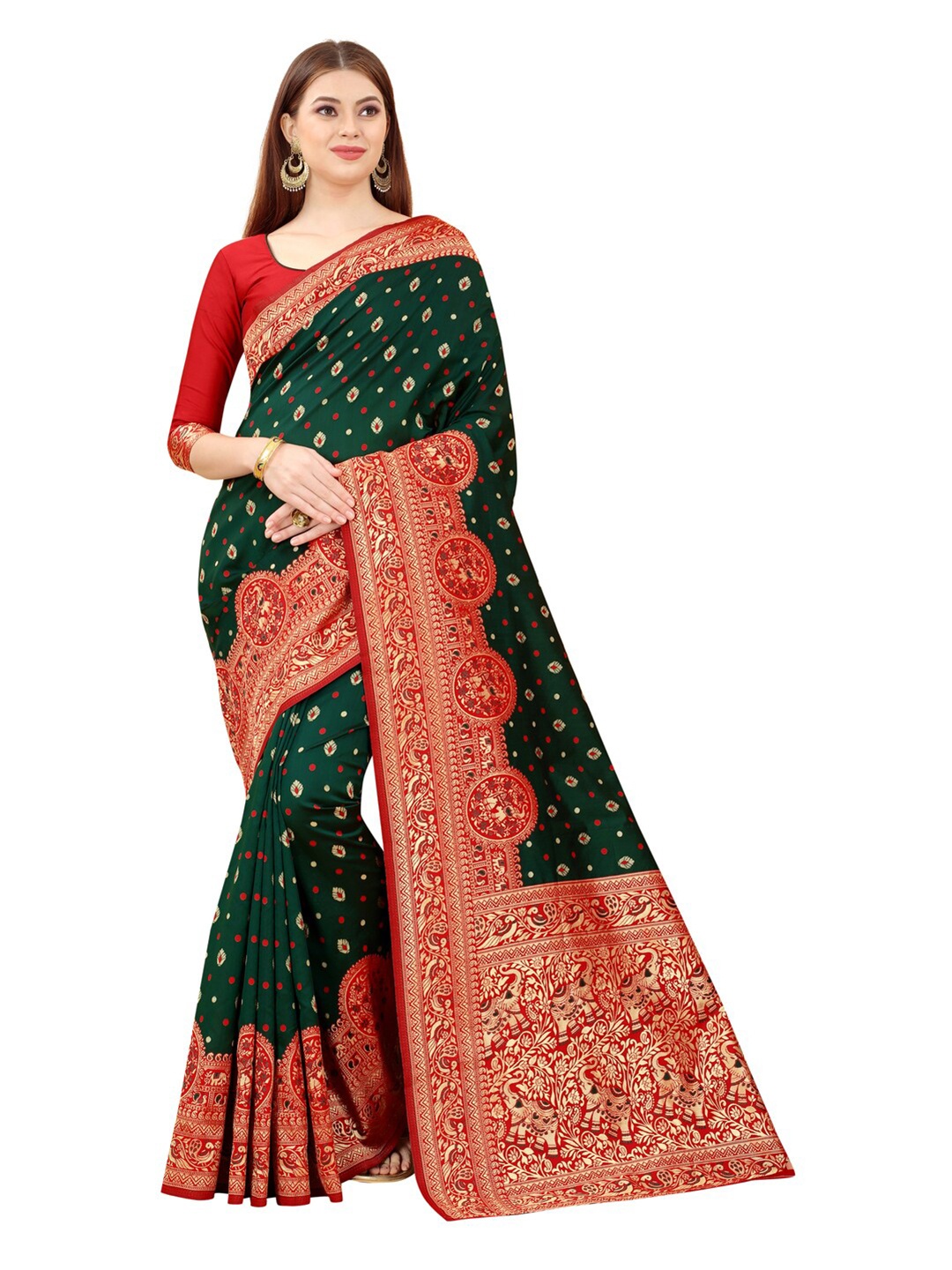 

MOKSHA DESIGNS Green & Red Woven Design Zari Pure Silk Banarasi Saree