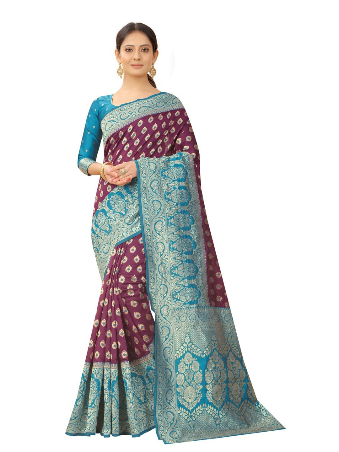 

MOKSHA DESIGNS Burgundy & Blue Woven Design Zari Pure Silk Banarasi Saree