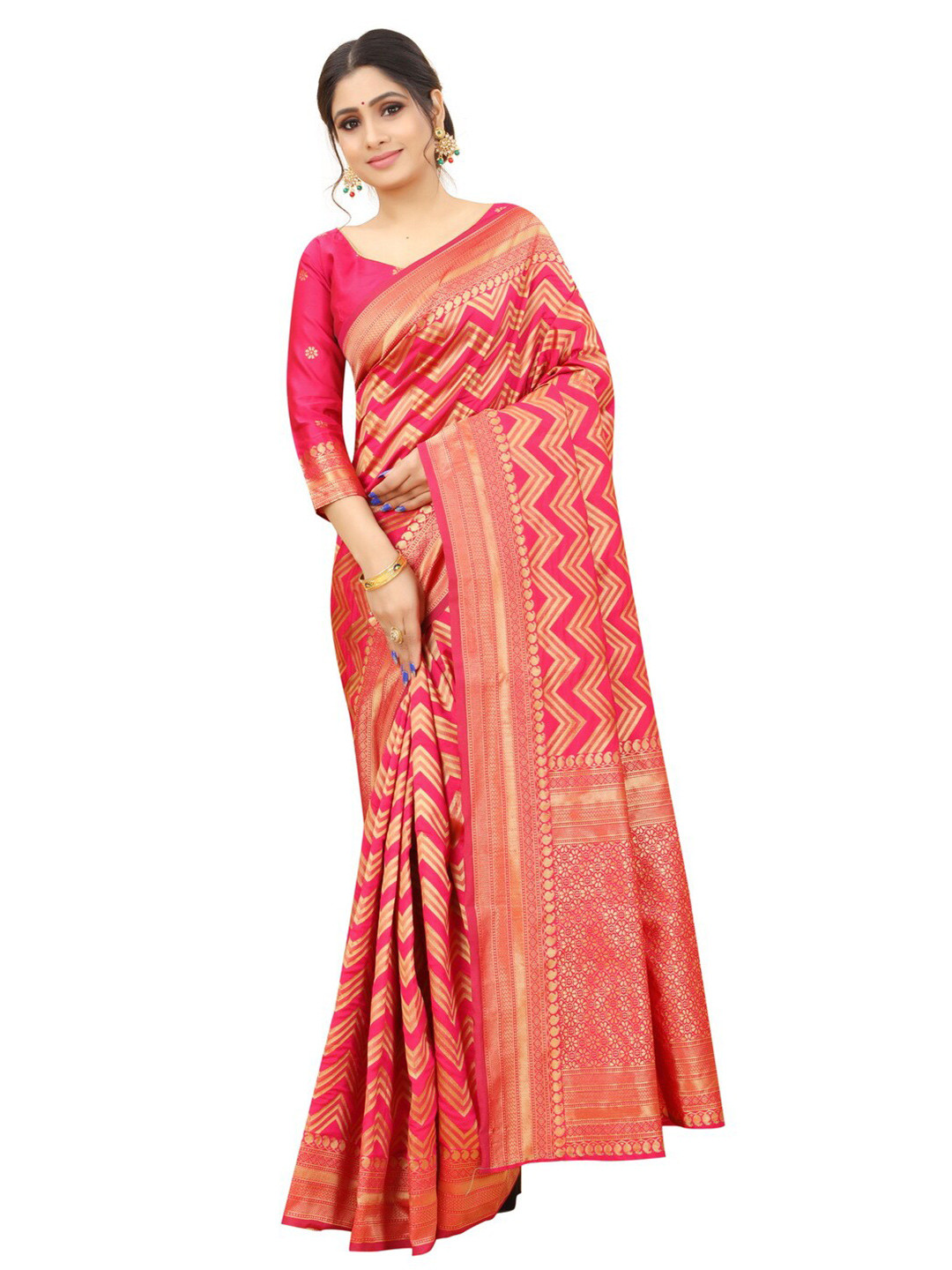 

MOKSHA DESIGNS Red & Gold-Toned Woven Design Zari Pure Silk Banarasi Saree