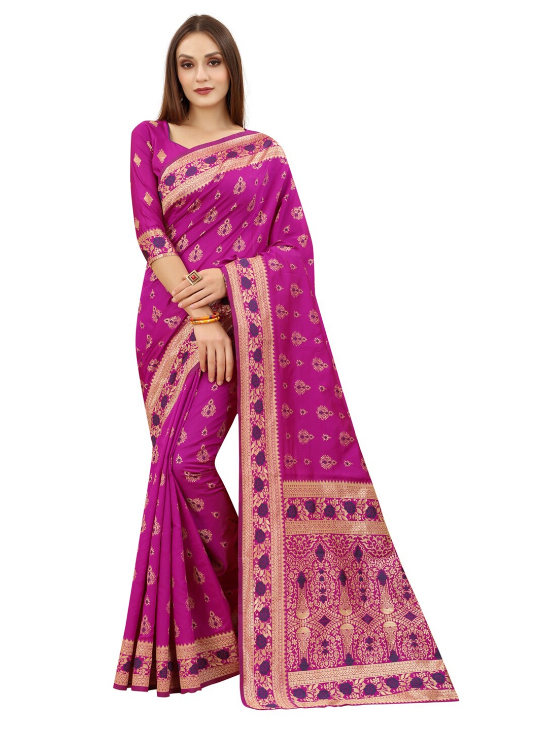 

MOKSHA DESIGNS Pink & Blue Woven Design Zari Pure Silk Banarasi Saree