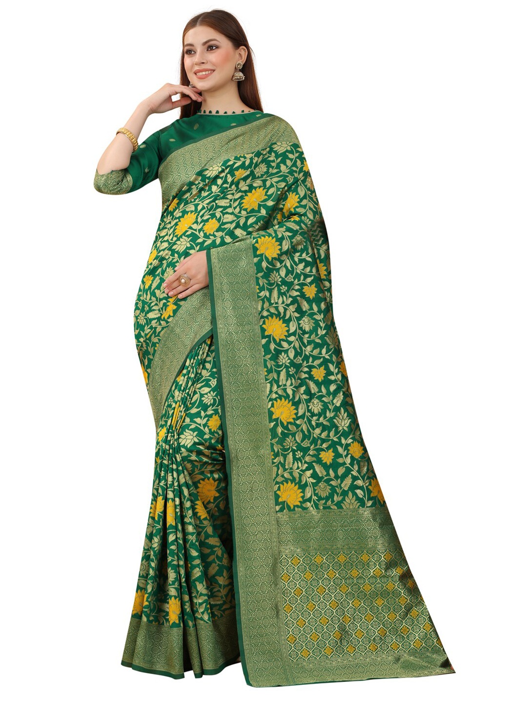 

MOKSHA DESIGNS Green & Yellow Floral Zari Pure Silk Banarasi Saree