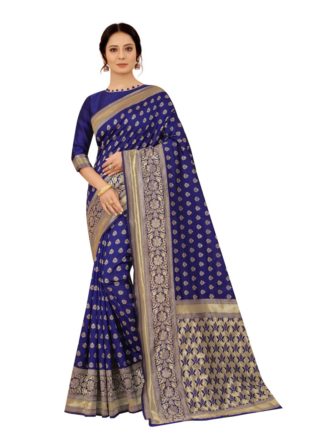 

MOKSHA DESIGNS Navy Blue & Gold-Toned Woven Design Zari Pure Silk Banarasi Saree