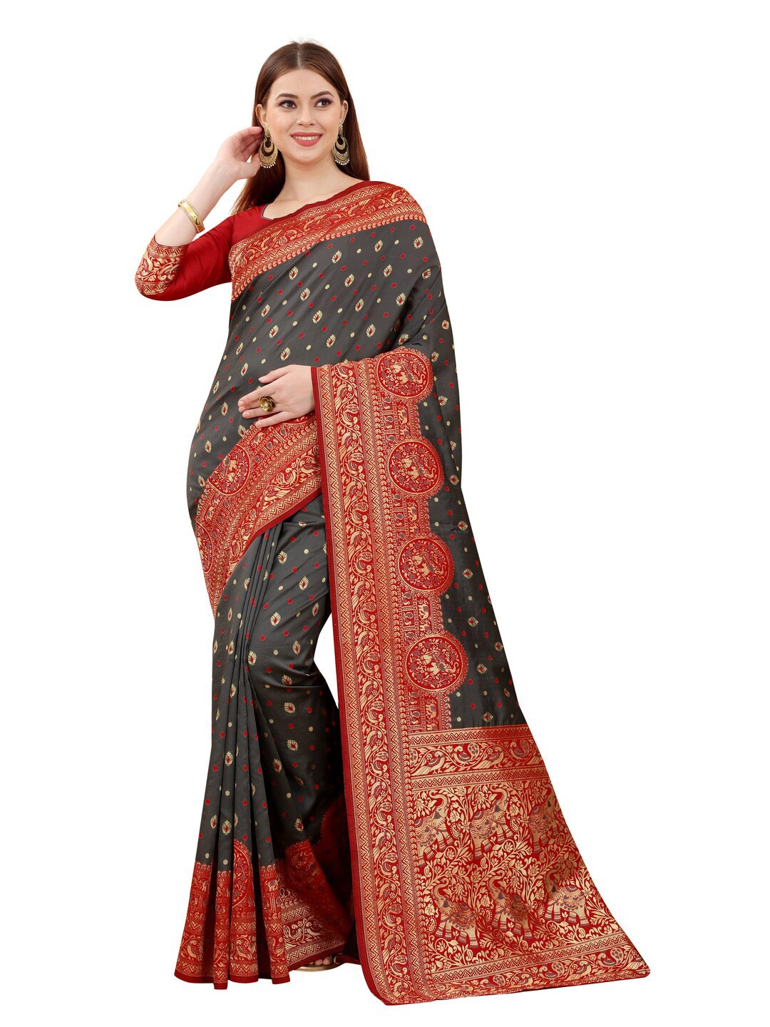 

MOKSHA DESIGNS Grey & Red Woven Design Zari Pure Silk Banarasi Saree