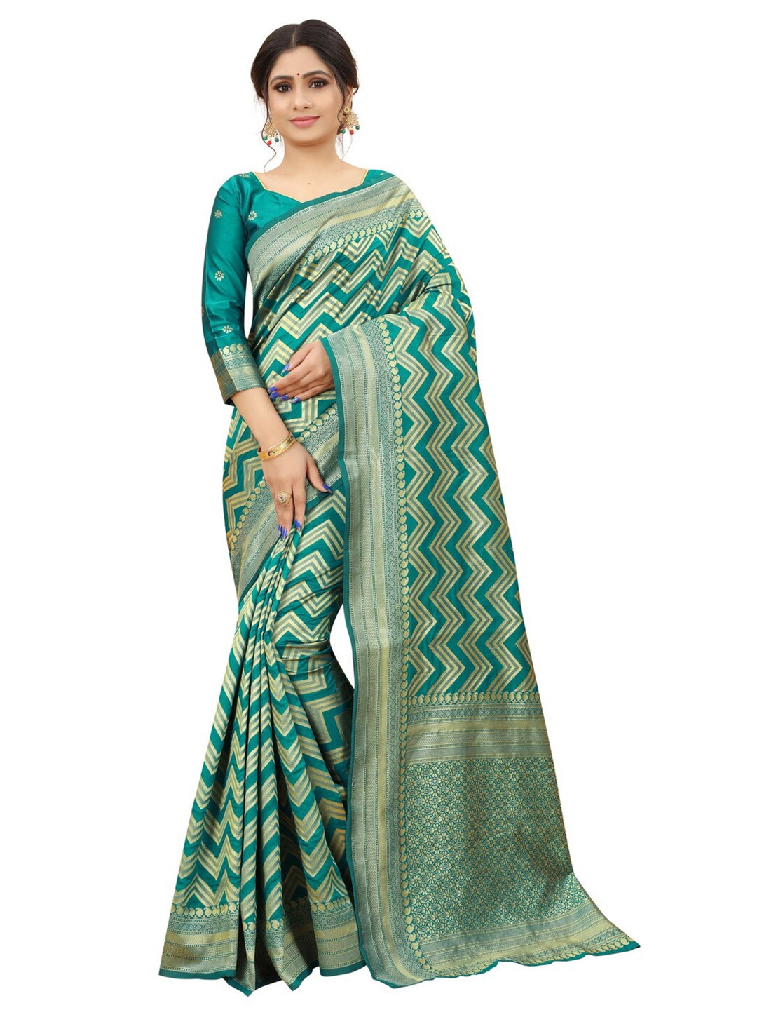 

MOKSHA DESIGNS Green & Gold-Toned Woven Design Zari Pure Silk Banarasi Saree