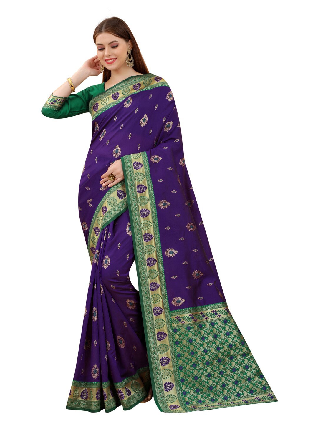 

MOKSHA DESIGNS Navy Blue & Green Woven Design Zari Pure Silk Banarasi Saree