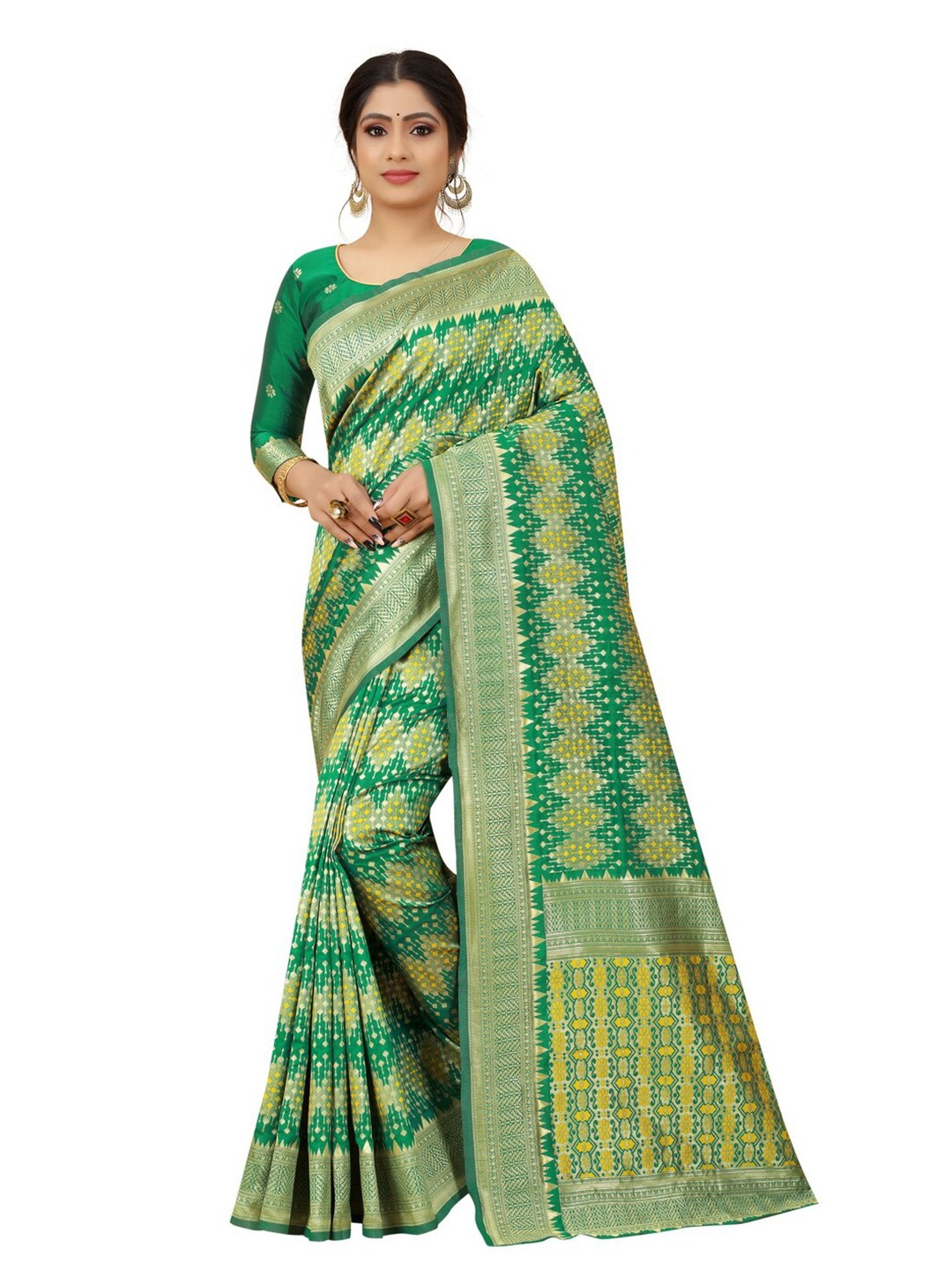 

MOKSHA DESIGNS Green & Yellow Woven Design Zari Pure Silk Banarasi Saree
