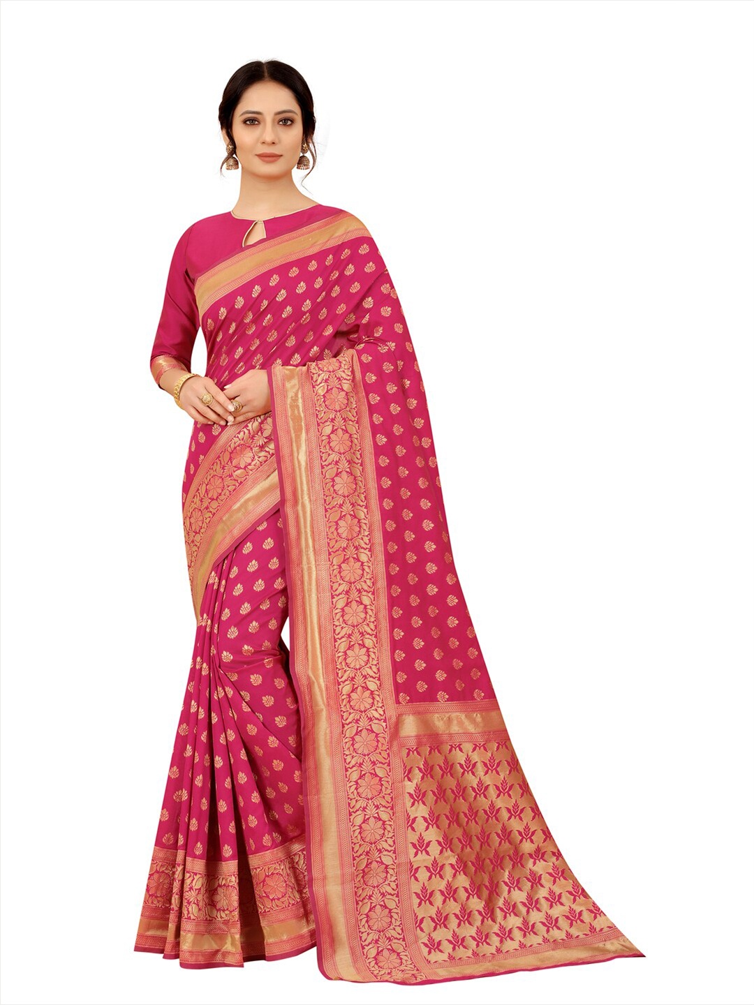 

MOKSHA DESIGNS Pink & Gold-Toned Woven Design Zari Pure Silk Banarasi Saree