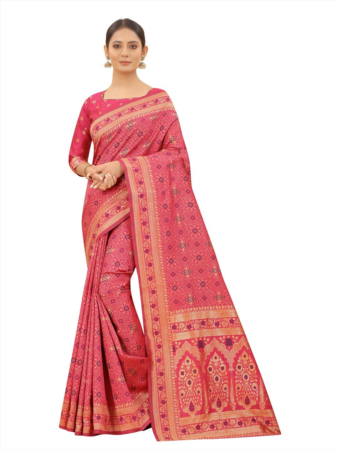 

MOKSHA DESIGNS Pink & Gold-Toned Woven Design Zari Pure Silk Banarasi Saree